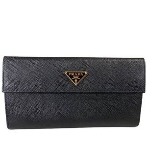 Authentic Prada Wallet Long Logo Plate Bifold Black Leather Vintage